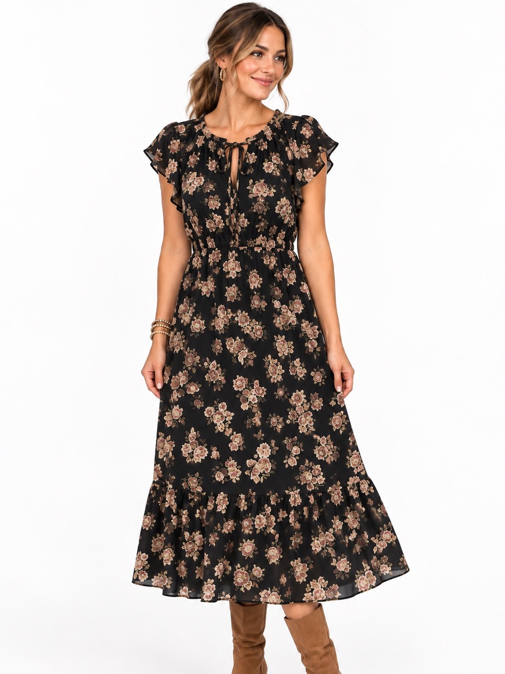 DR2 Black Brown Floral Midi Dress Flutter Sleeve Keyhole Tie Front Tiered Hem